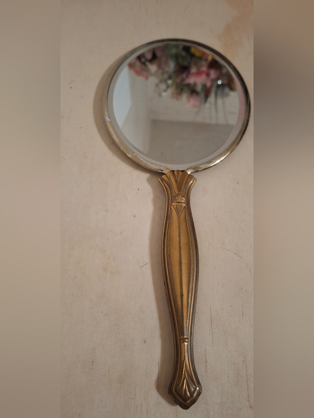 Vtg 1950s Handheld Vanity Mirror - Faux-Fabric Vinyl Rose Wreath Backing 11.5"